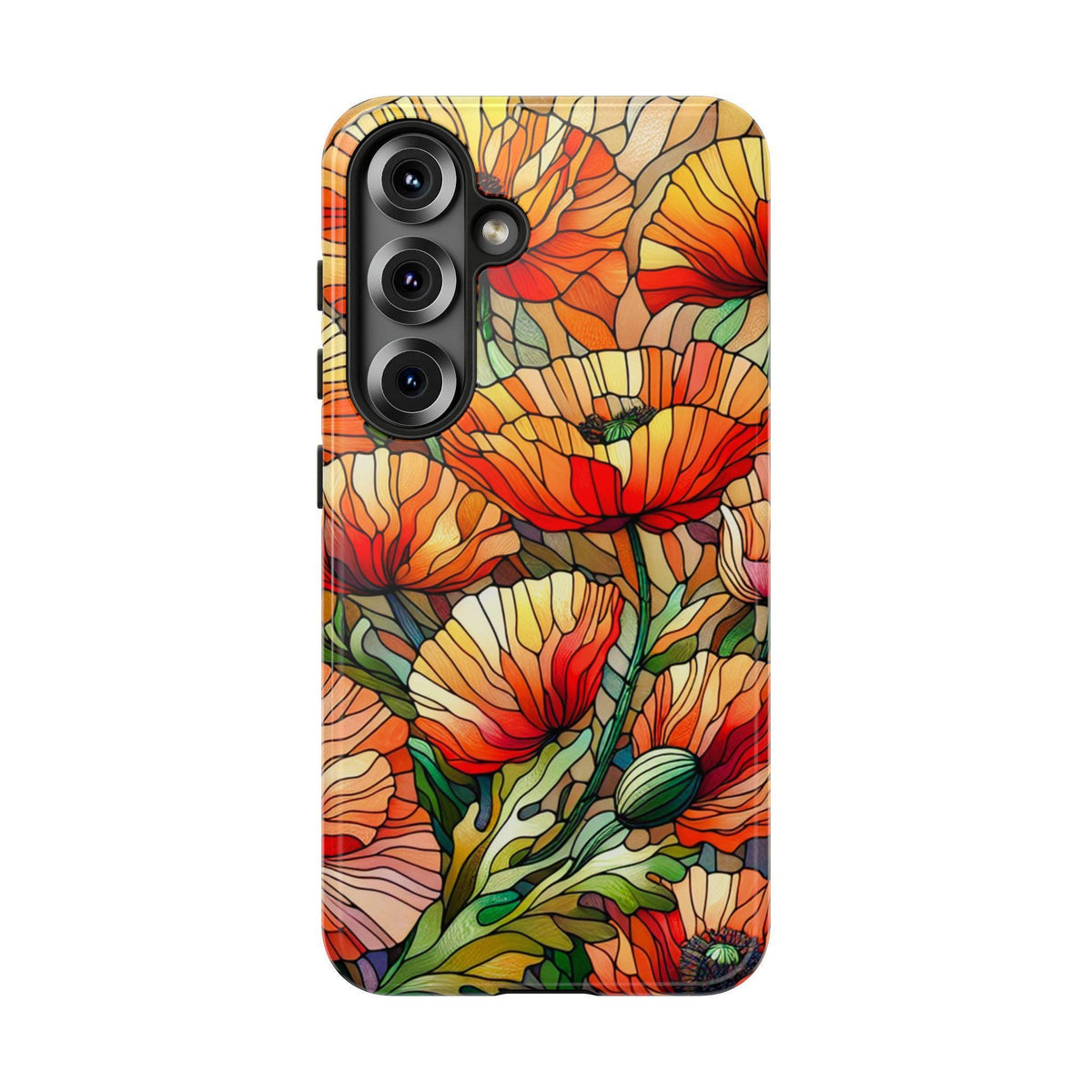 A smartphone case with a vertical camera cutout displaying a stained glass style pattern of orange poppy flowers.