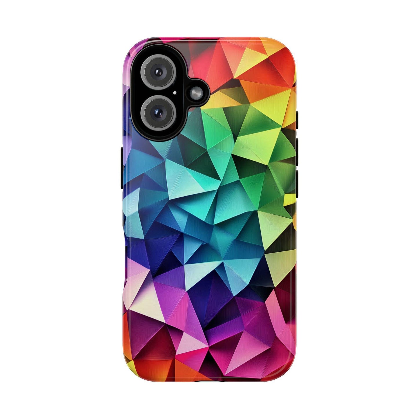 A phone case featuring a vibrant multicolored geometric polygon pattern is shown against a white background.