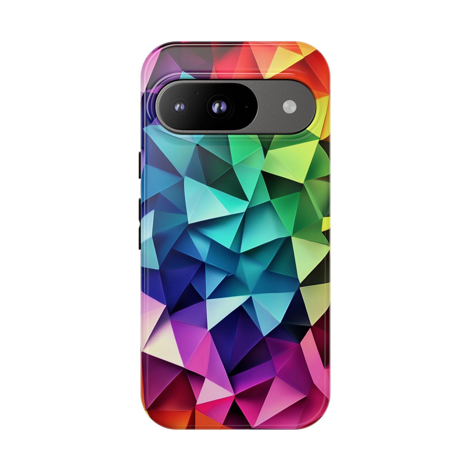 A back view of a phone case covered in a colorful geometric mosaic pattern with a horizontal camera cutout.