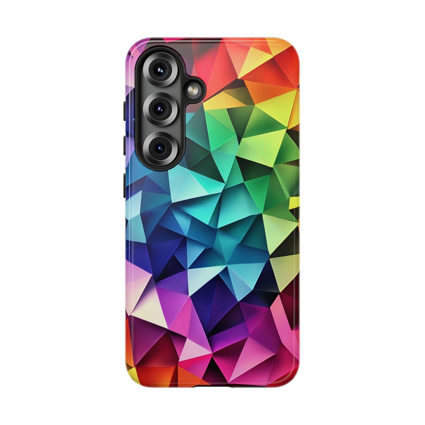 A back view of a phone case with a vertical triple-lens camera cutout and a vibrant multicolored geometric polygon design.