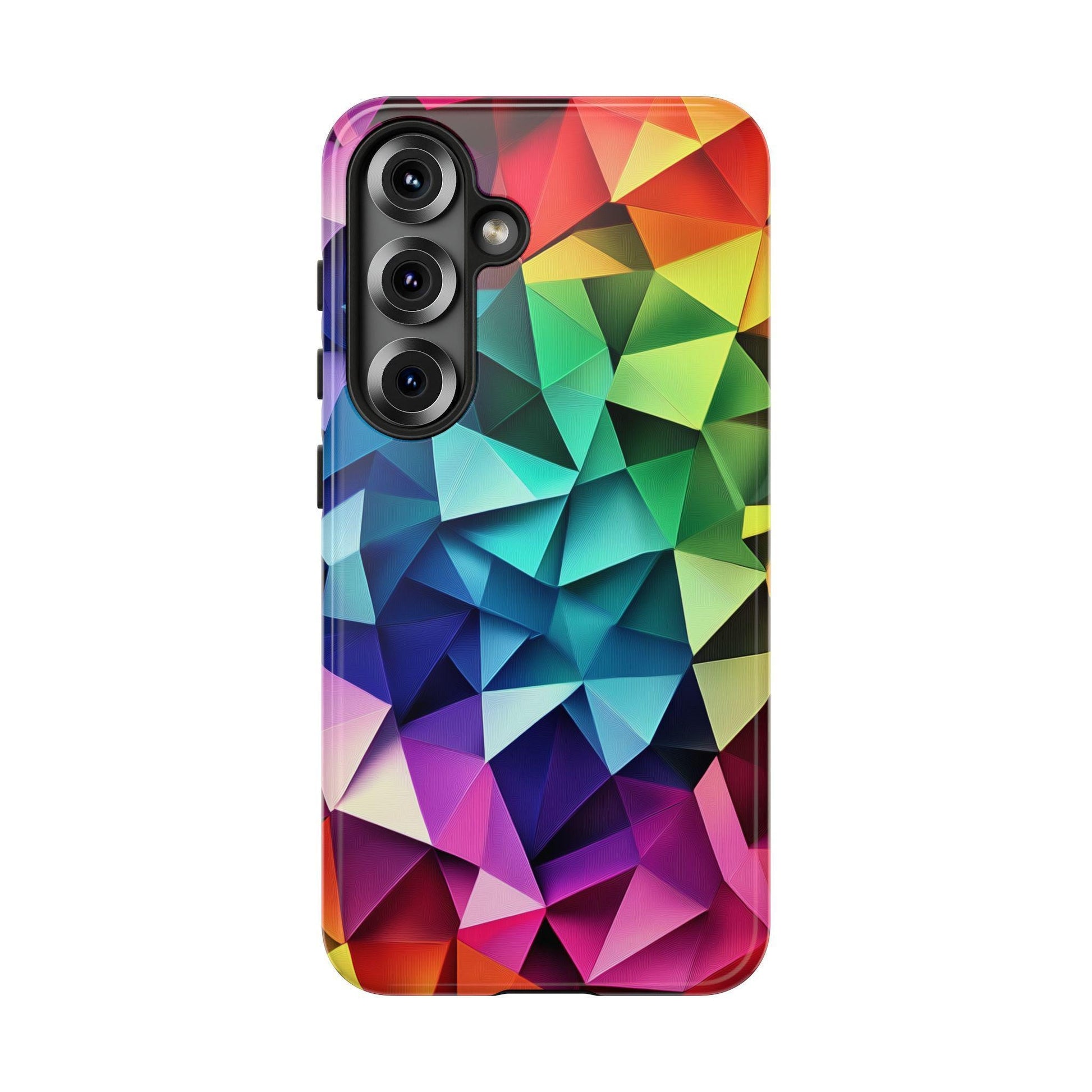 A back view of a phone case with a vertical triple-lens camera cutout and a vibrant multicolored geometric polygon design.