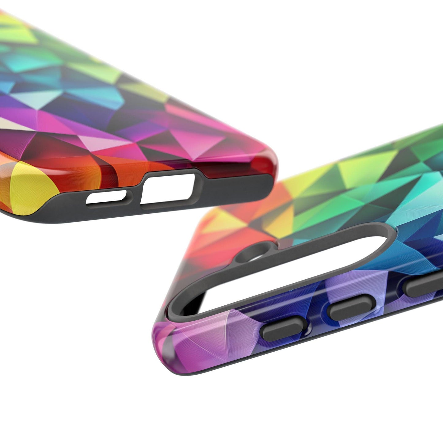 A close-up view showing the bottom edge and openings of two phone cases with a colorful geometric mosaic pattern.
