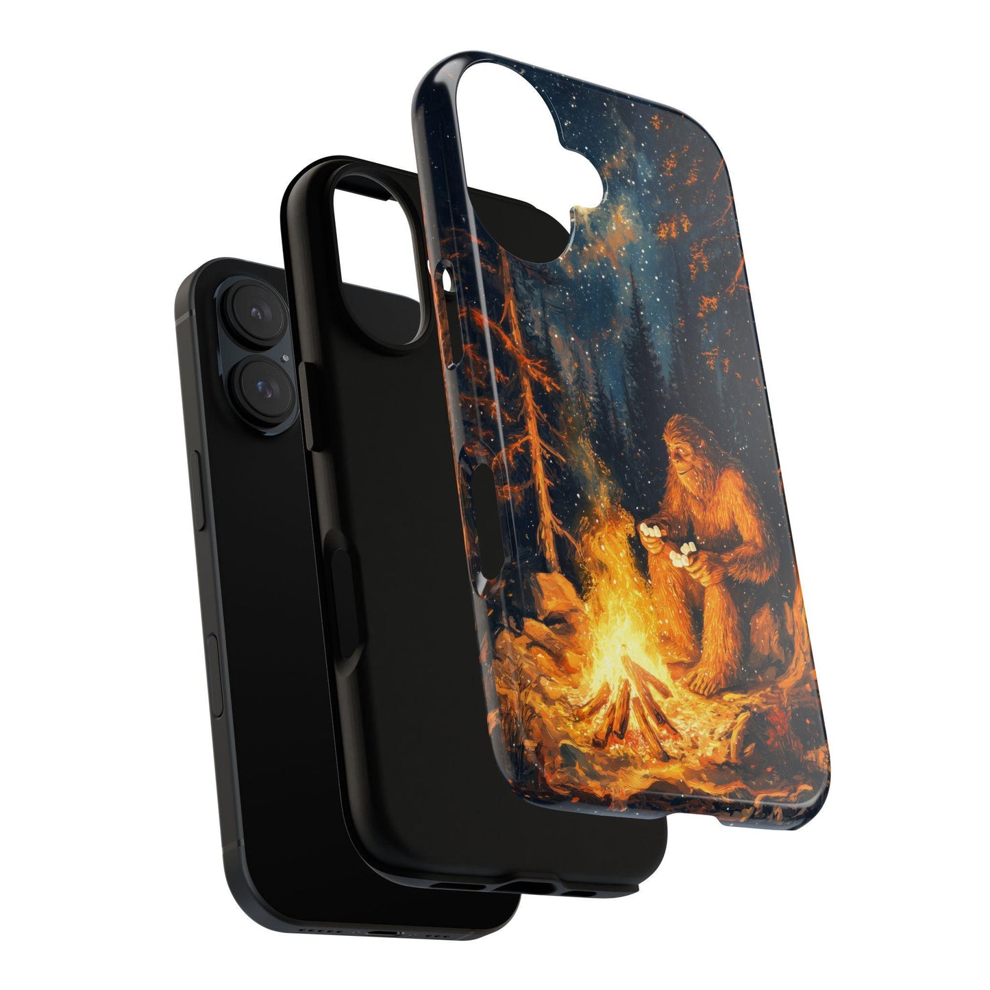 Three layered phone cases displaying the Bigfoot and campfire graphic, showing different angles from the back to the interior lining.