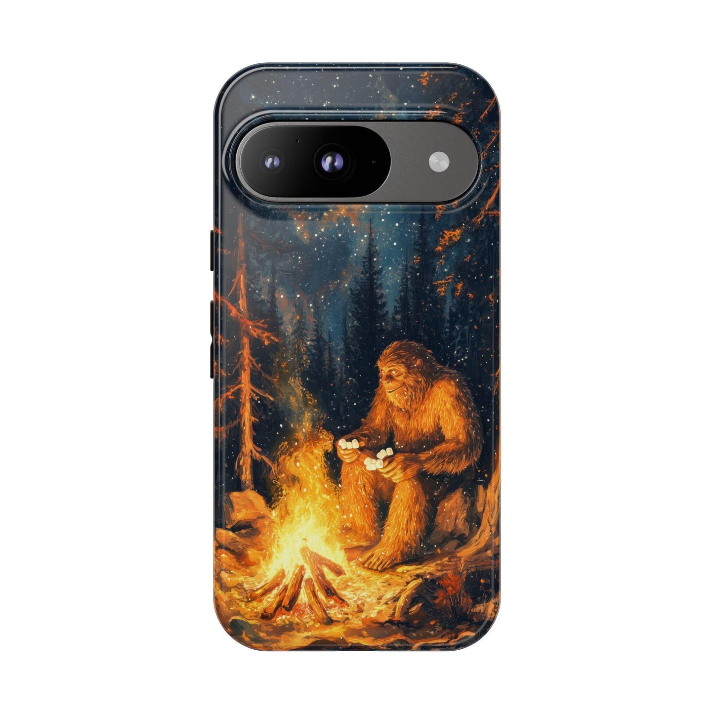 A phone case for Google Pixel featuring an illustration of Bigfoot roasting marshmallows by a campfire in a starry forest.