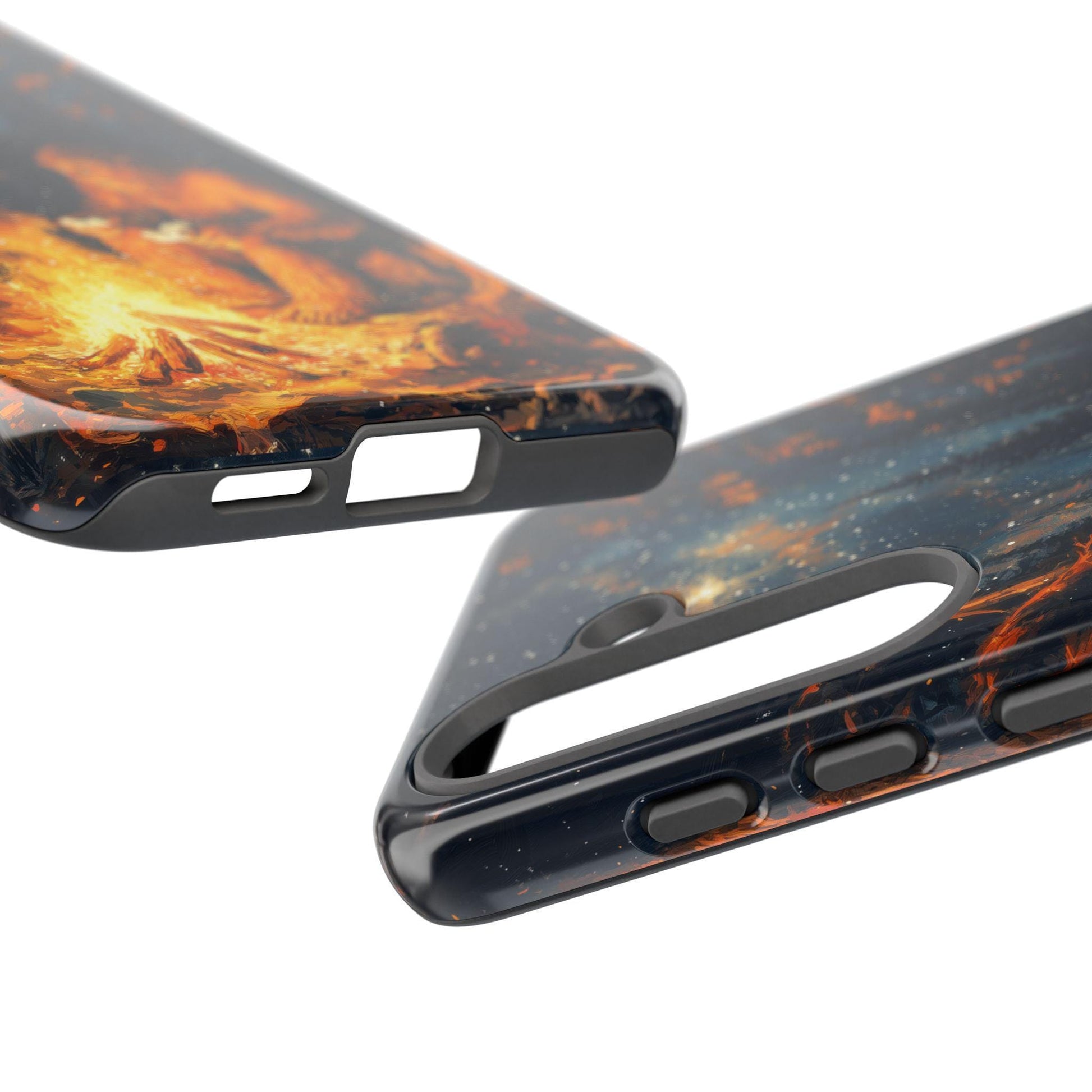 A close-up angled view of two phone cases showing their port cutouts and button covers against a plain white background.