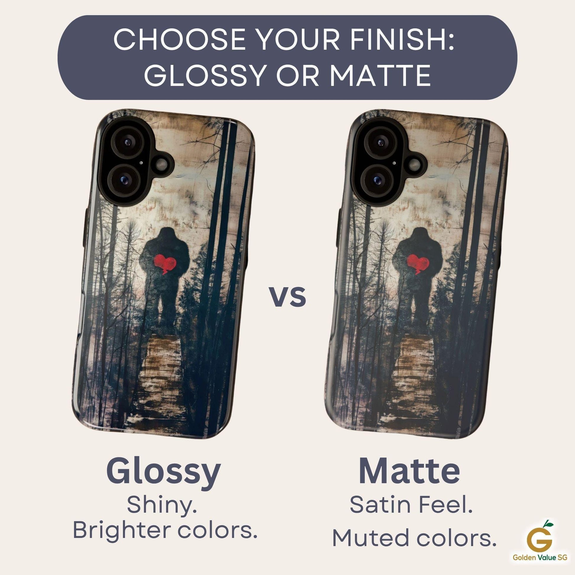 Comparison image showing the glossy finish with shiny colors on the left and the matte finish with satin feel on the right.