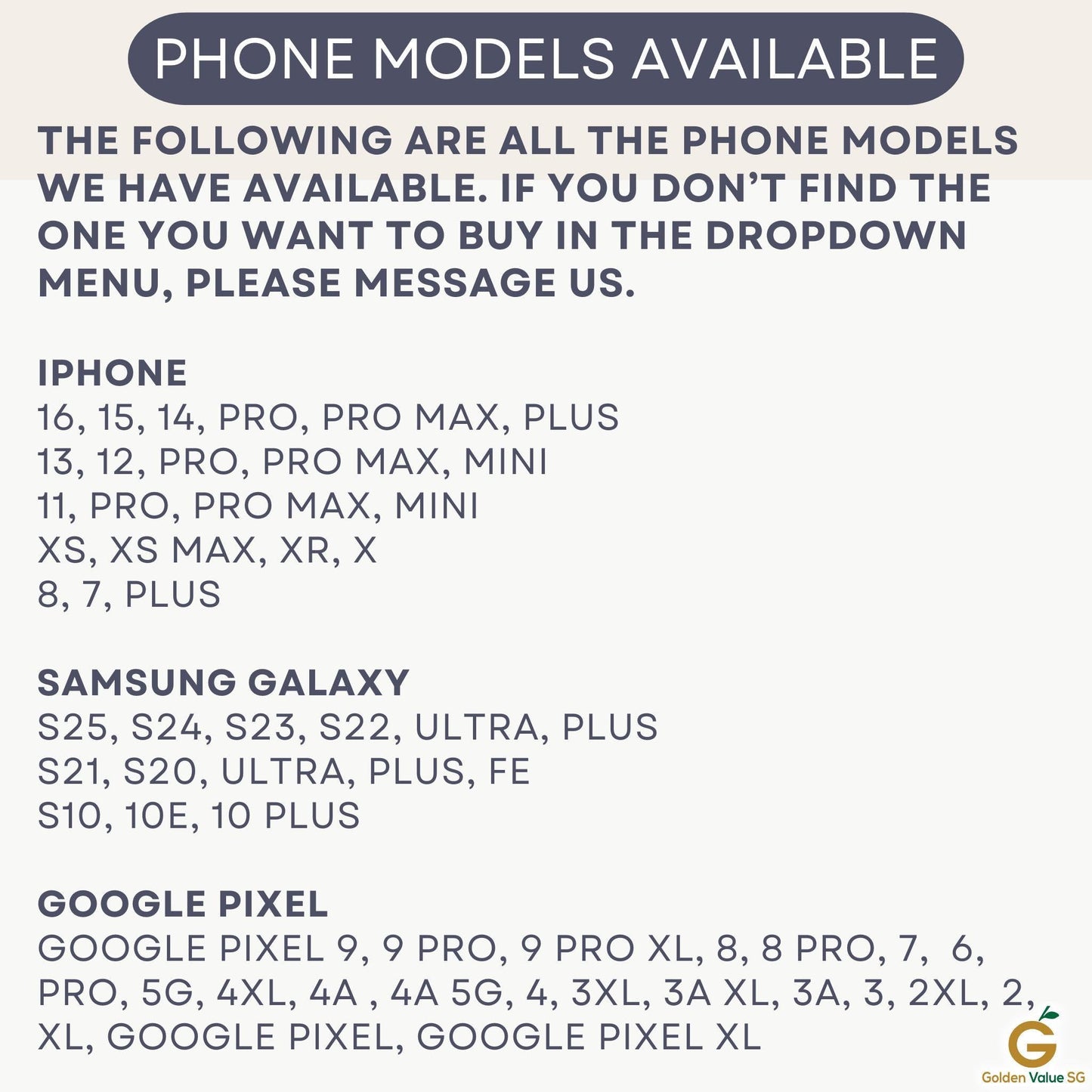 Text list showing available phone models for iPhone, Samsung Galaxy, and Google Pixel.