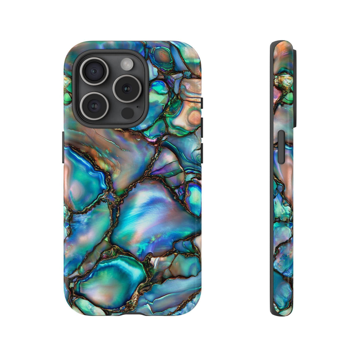 Back and side profile views of an iPhone case featuring a vibrant iridescent abalone shell mosaic pattern.