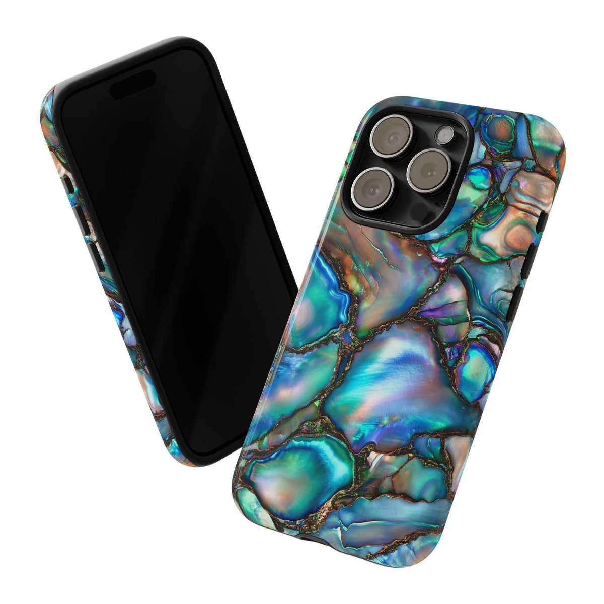 Two angled views of the abalone shell patterned phone case, showing the black inner lining and camera cutout.