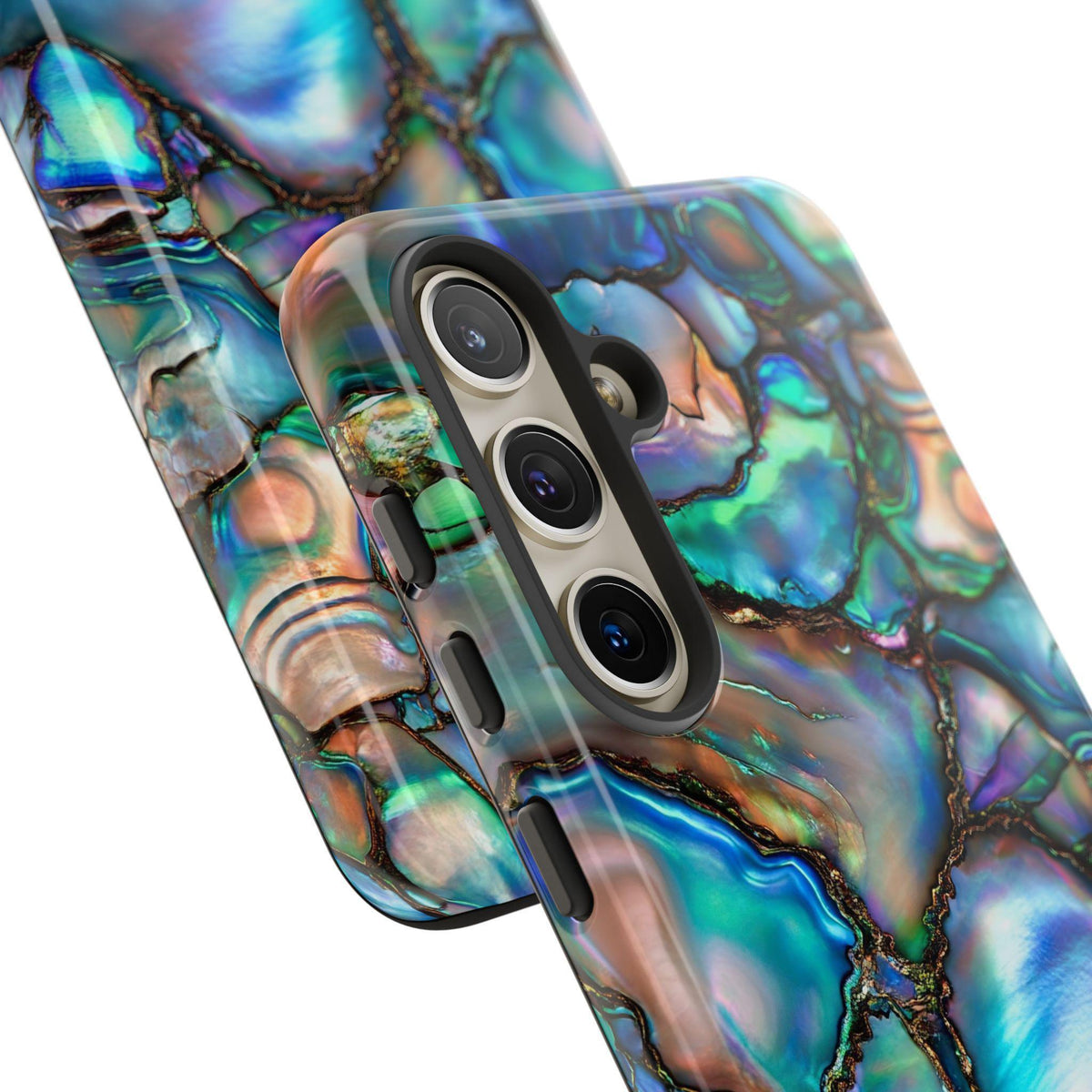 Close-up angled view of a Samsung phone case with the iridescent abalone shell design and vertical camera layout.