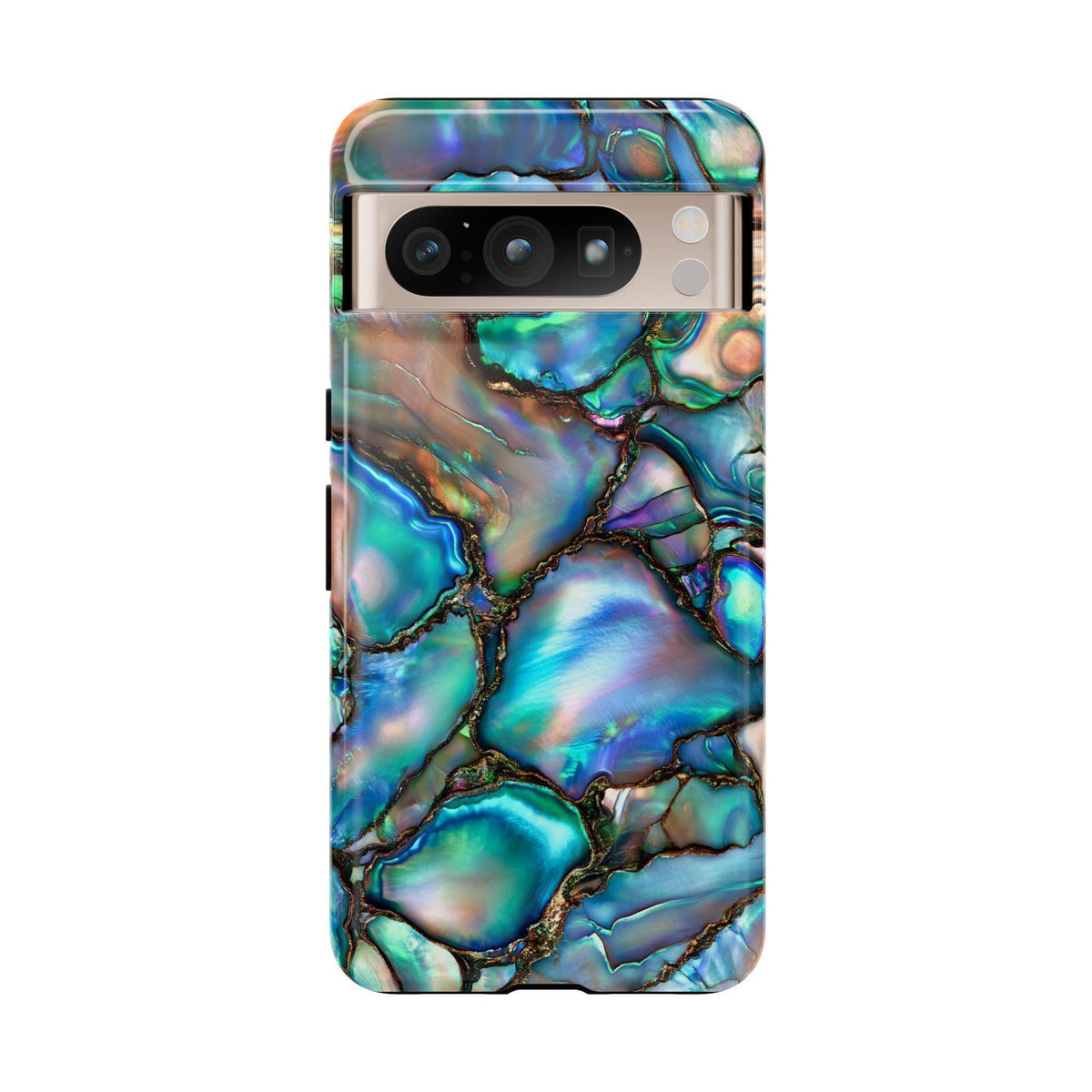 Back view of a Google Pixel phone case covered in a glossy, multicolored abalone shell mosaic pattern.