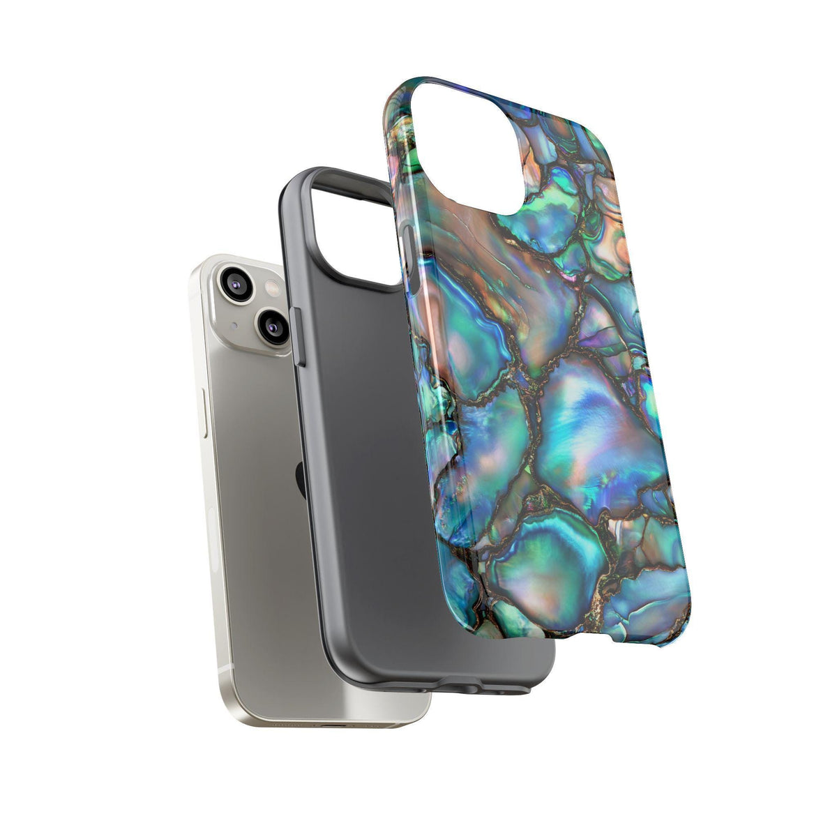 Exploded view showing a silver phone, a black inner protective sleeve, and the abalone shell patterned outer case.