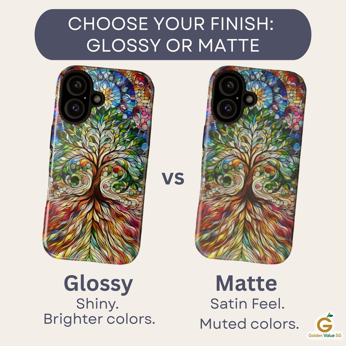 A comparison graphic shows two identical tree of life phone cases labeled glossy with shiny bright colors versus matte with a satin feel and muted colors.