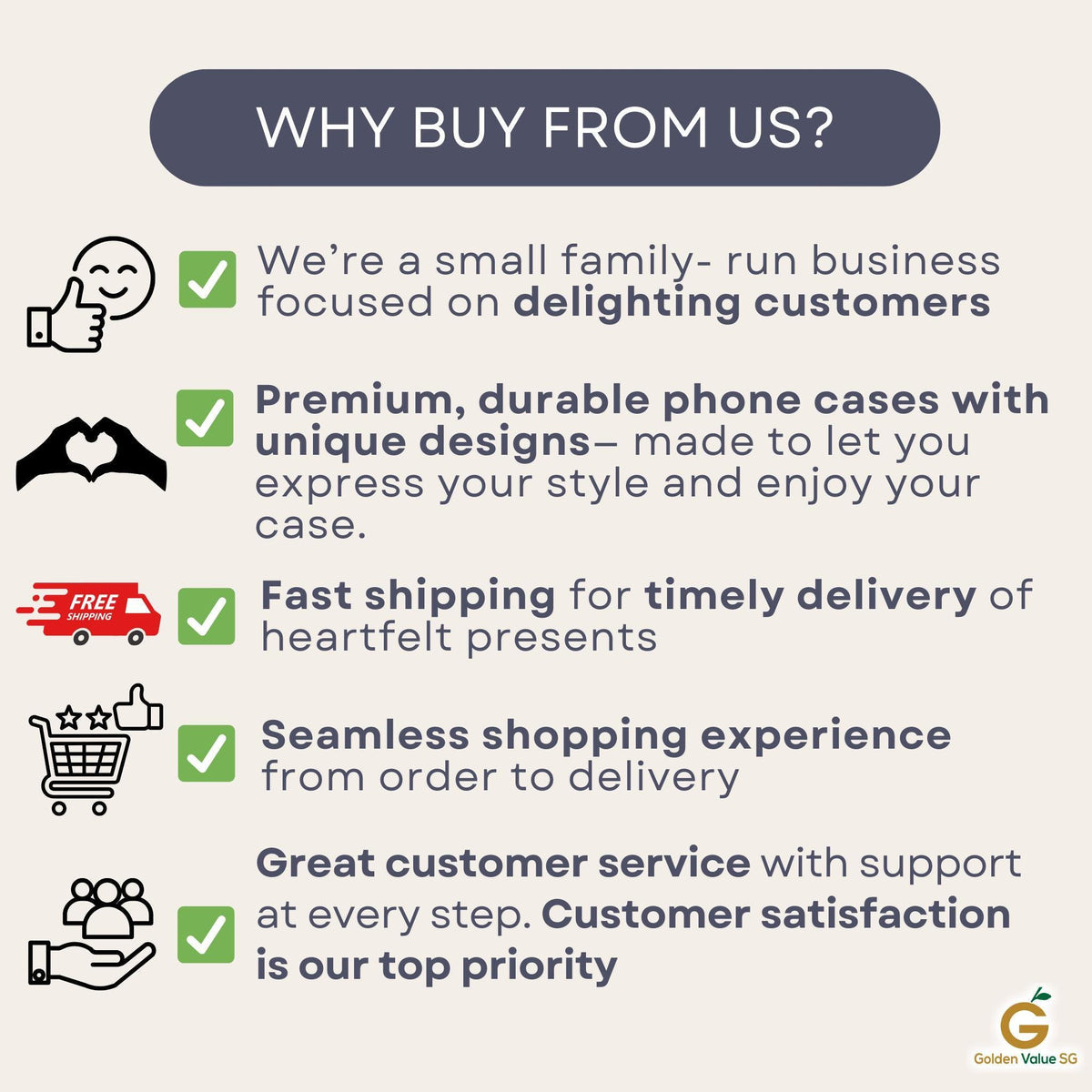 A graphic titled Why Buy From Us lists five business values accompanied by green checkmark icons and line art.