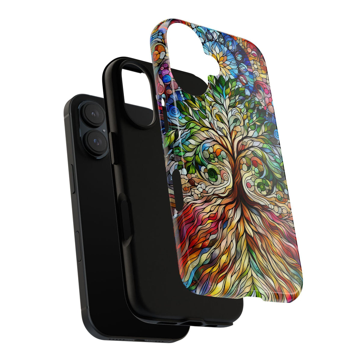 Exploded view showing a black phone case layered under a vibrant tree-patterned back plate next to a black smartphone.