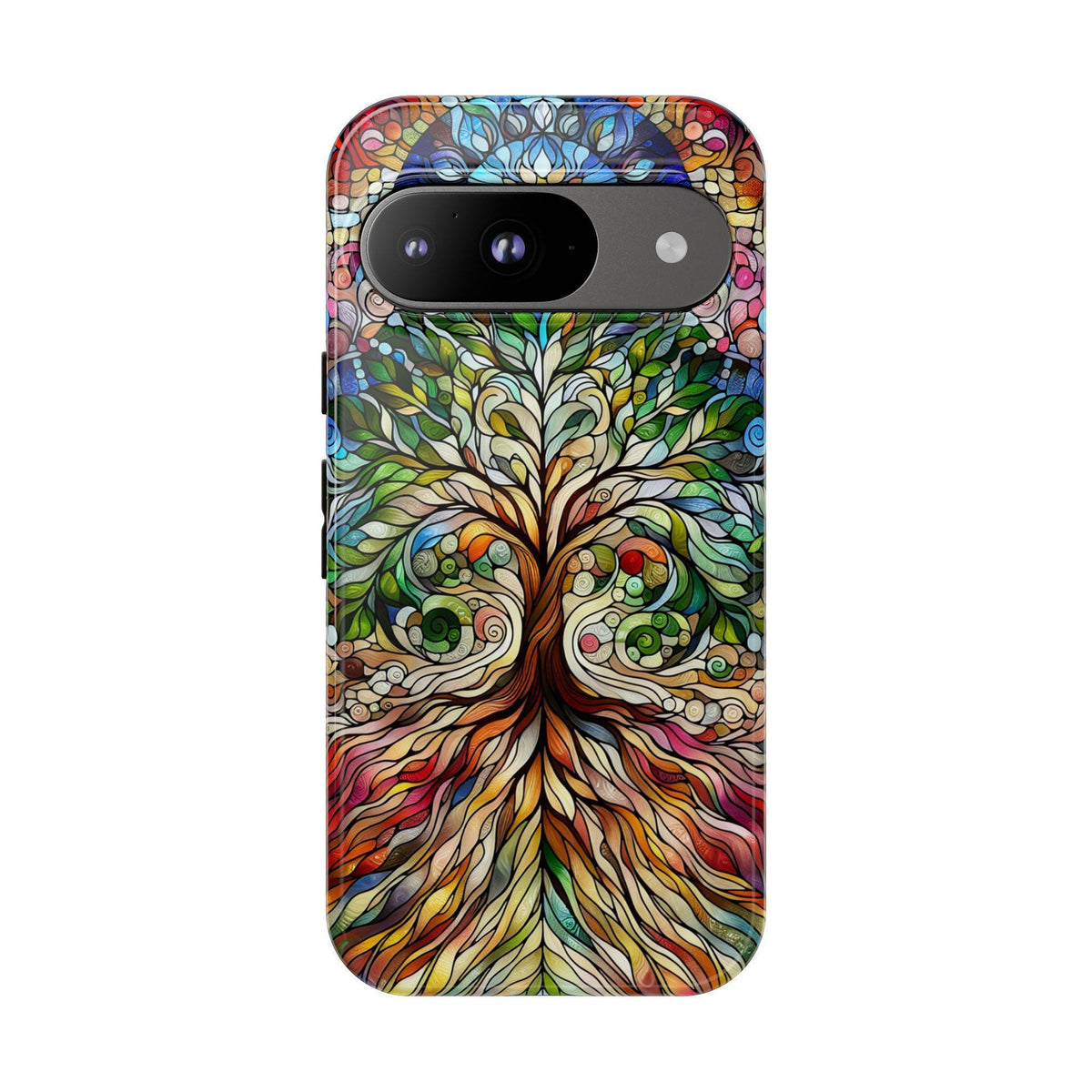 Back view of a phone case with a horizontal camera cutout, displaying a colorful stained-glass tree design.