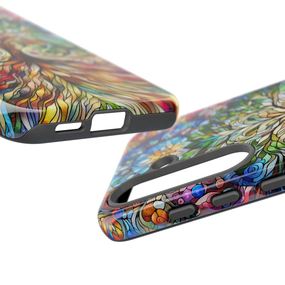 Angled view focusing on the side button cutouts and bottom edge of colorful patterned phone cases.
