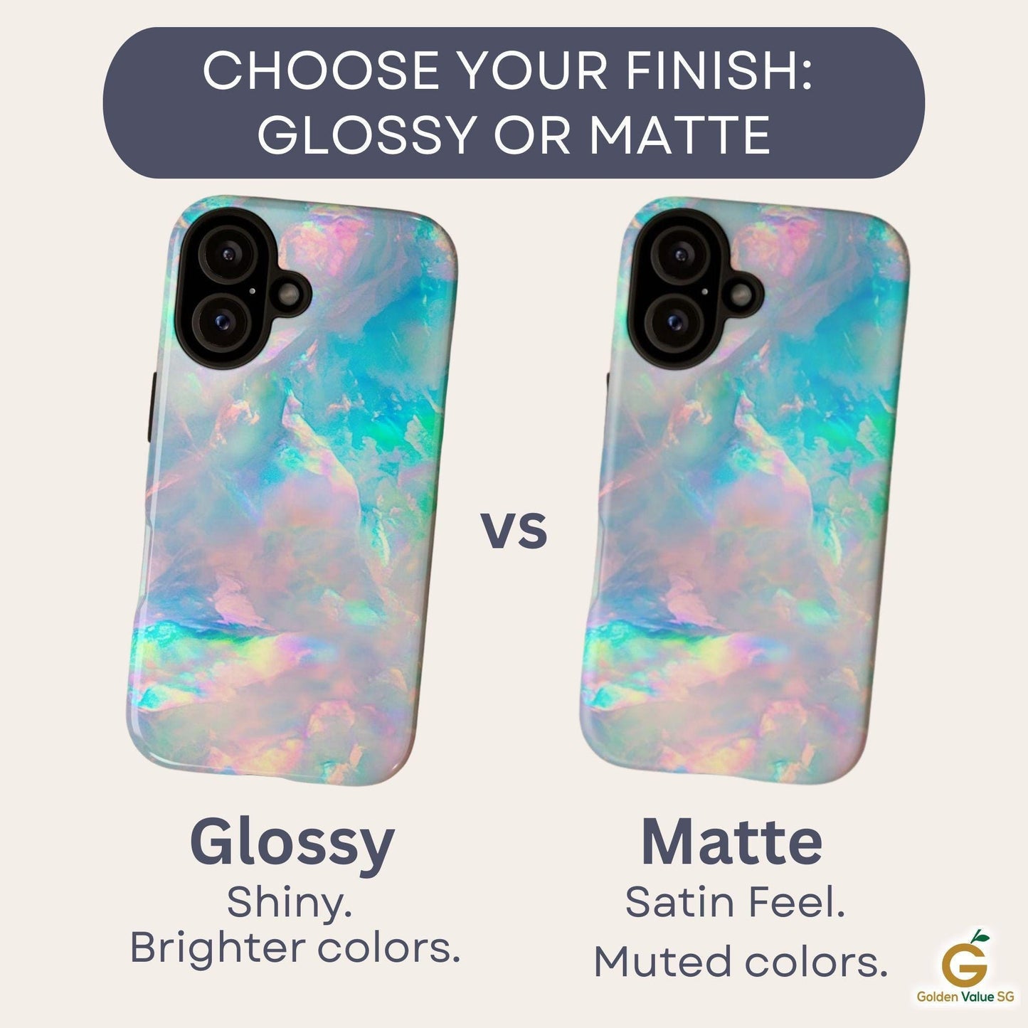 A comparison image shows two identical iridescent phone cases side by side, labeled as glossy and matte finishes.