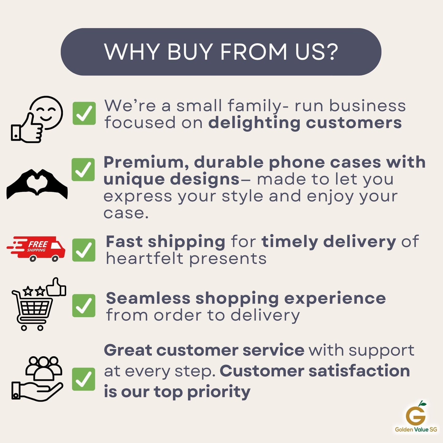 An informational graphic lists five customer service commitments, such as family-run business, premium durability, and fast shipping.