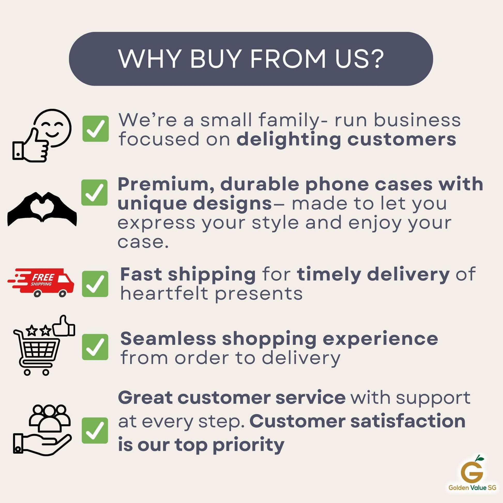 An informational graphic lists five customer service commitments, such as family-run business, premium durability, and fast shipping.