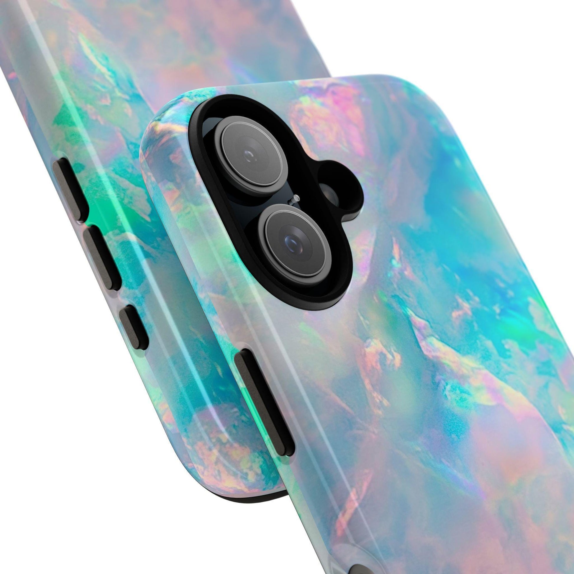 Two pastel iridescent phone cases are shown from an angled close-up perspective against a white background.