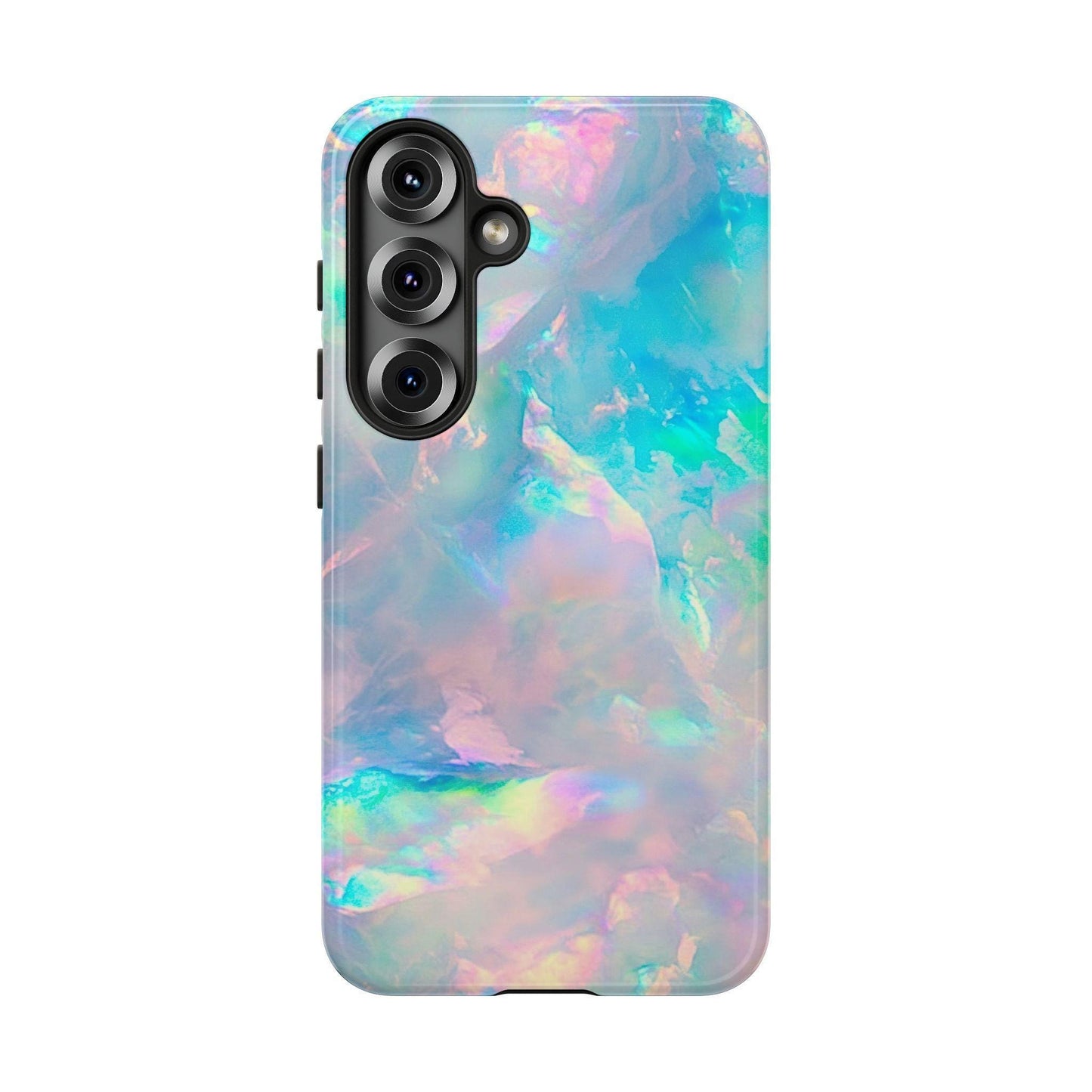 A smartphone case featuring a pastel iridescent opal pattern with vertical camera cutouts on the back left.
