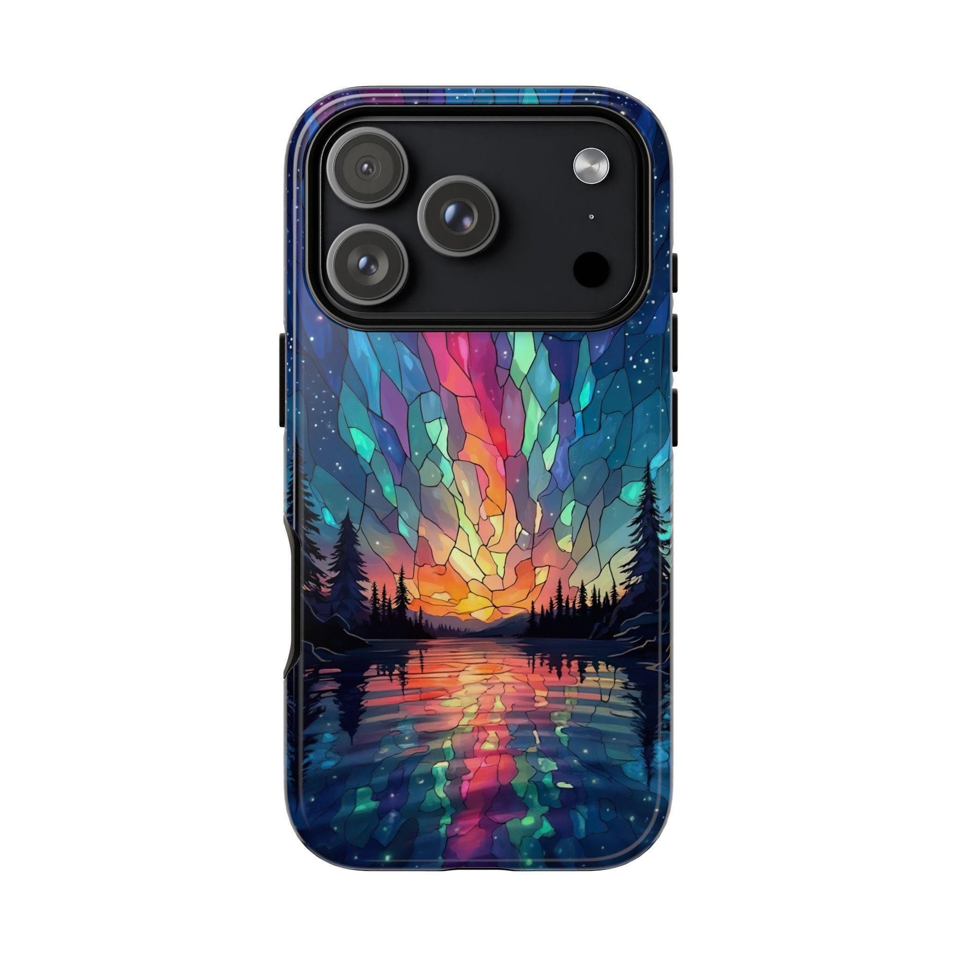 A phone case with a northern lights stained glass artwork, featuring a square triple-camera module cutout.