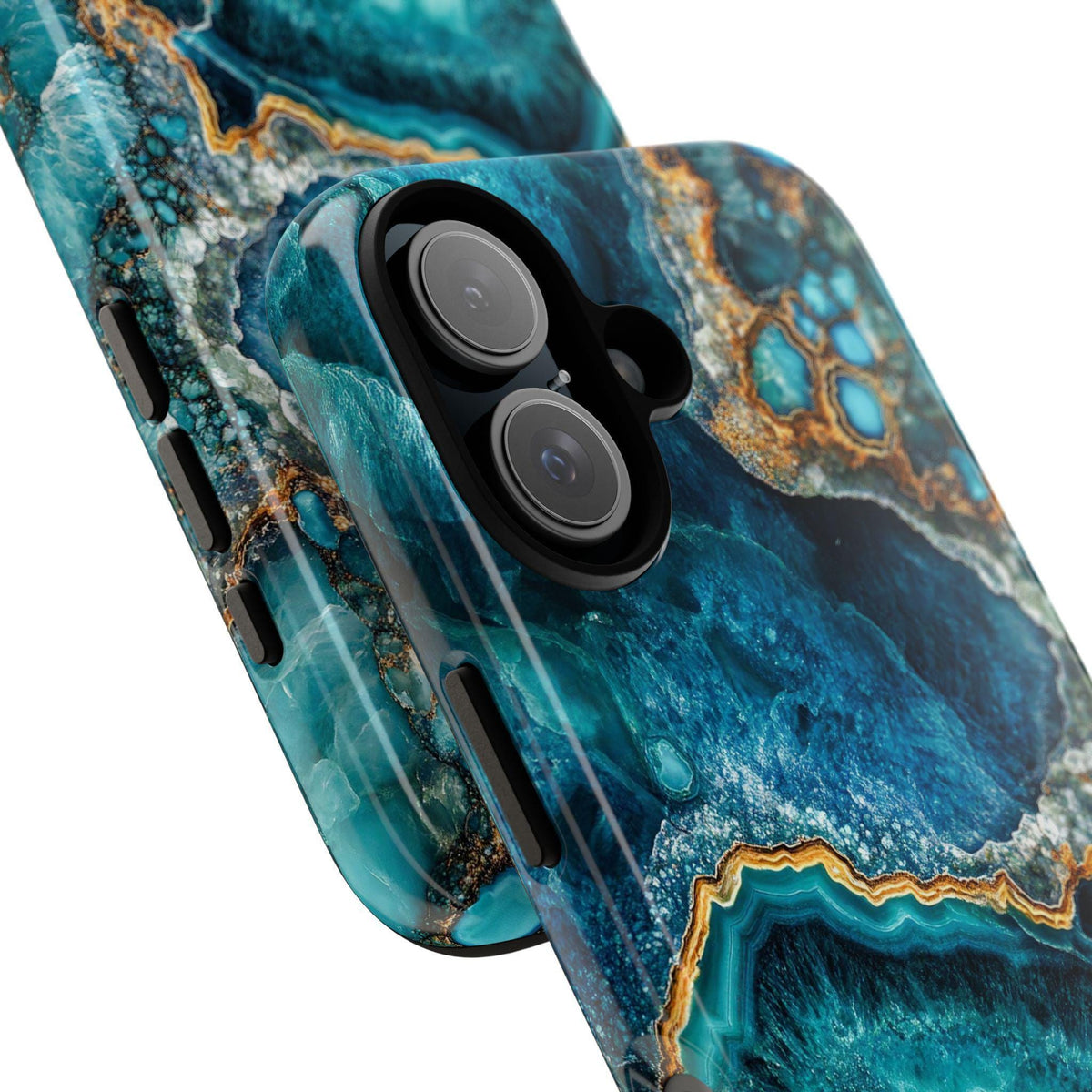 Close-up view of the side and camera cutout of the turquoise geode pattern phone case.