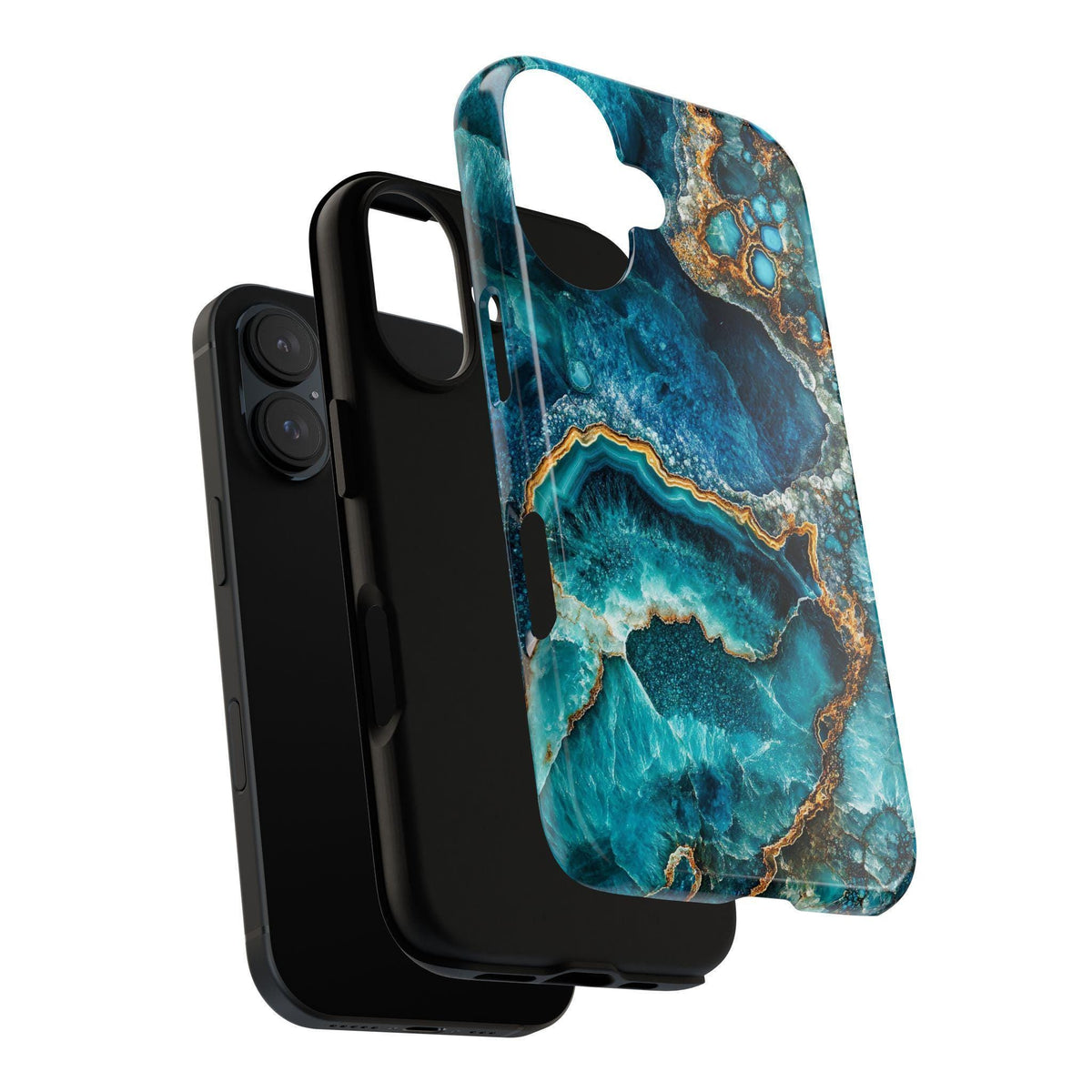 Exploded view of the phone case showing the outer printed shell, black inner rubber liner, and phone.