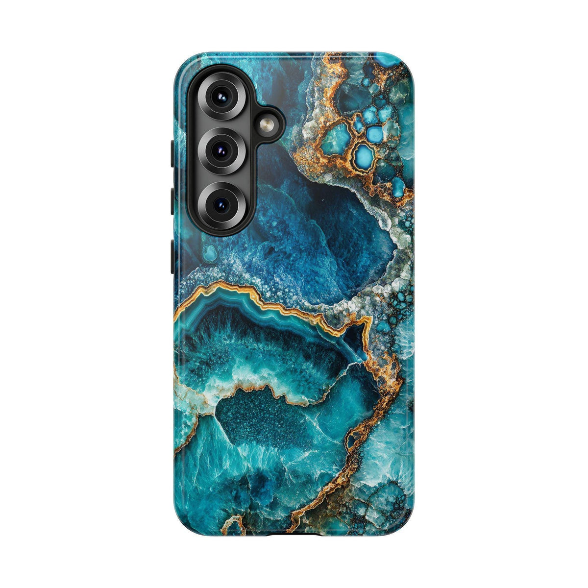 Flat back view of a phone case with a vertical triple camera cutout and a blue and gold geode pattern.