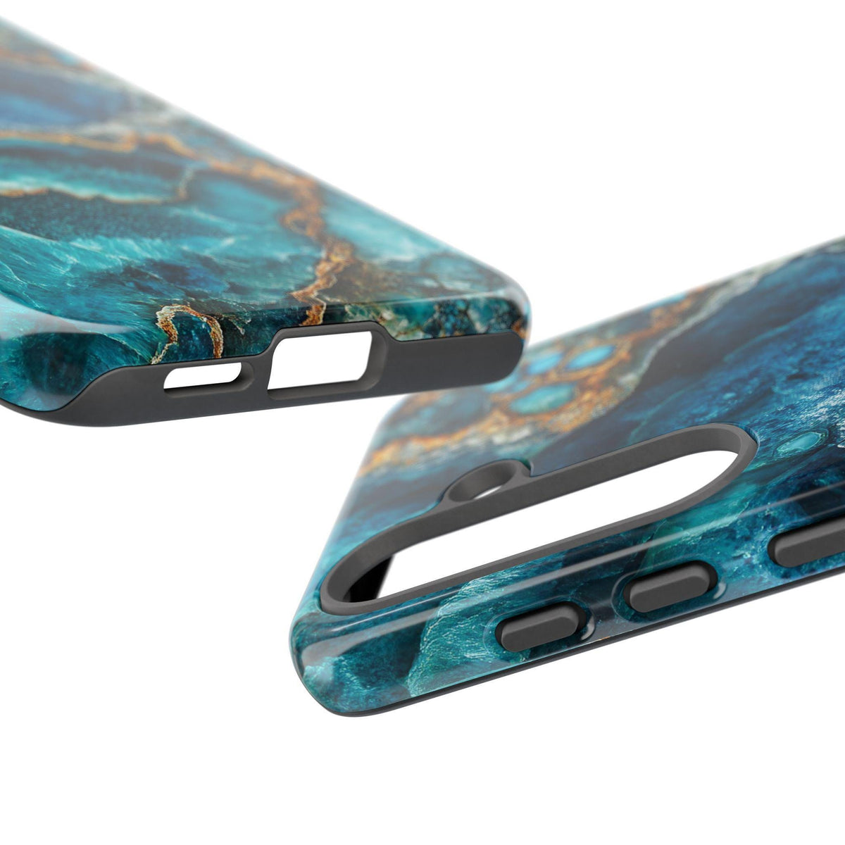 Close-up showing the bottom and side button cutouts of two turquoise geode pattern phone cases.