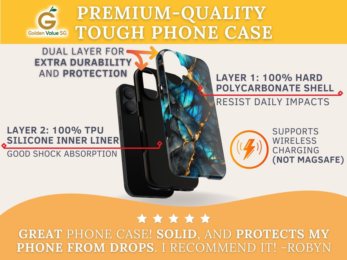An informational graphic details the dual layer construction of the tough phone case with a hard polycarbonate shell and TPU inner liner.