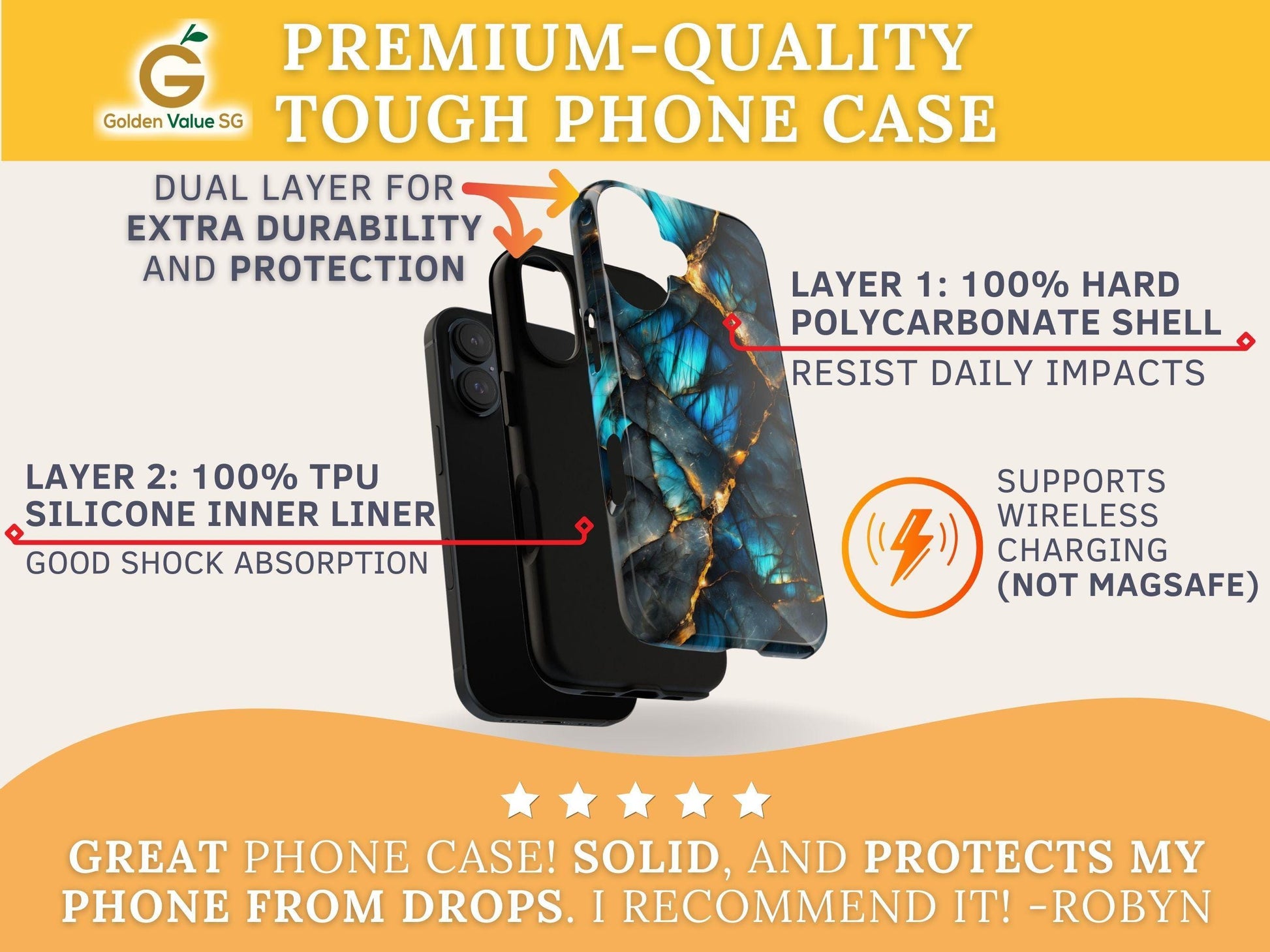 An informational graphic details the dual layer construction of the tough phone case with a hard polycarbonate shell and TPU inner liner.