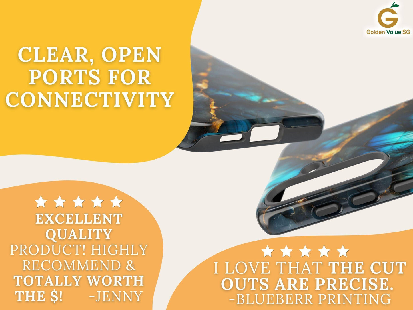 An informational graphic displays clear open ports and precise cutouts of the phone case design.