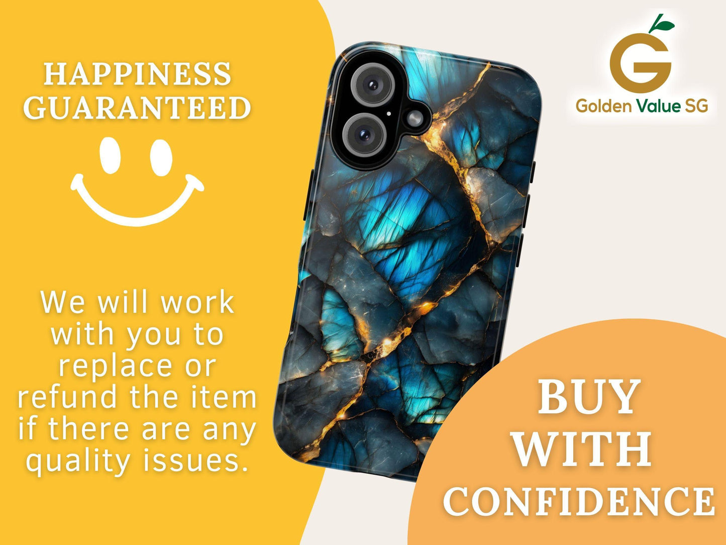 Promotional graphic featuring a labradorite-patterned phone case alongside text about happiness guaranteed and buying with confidence.