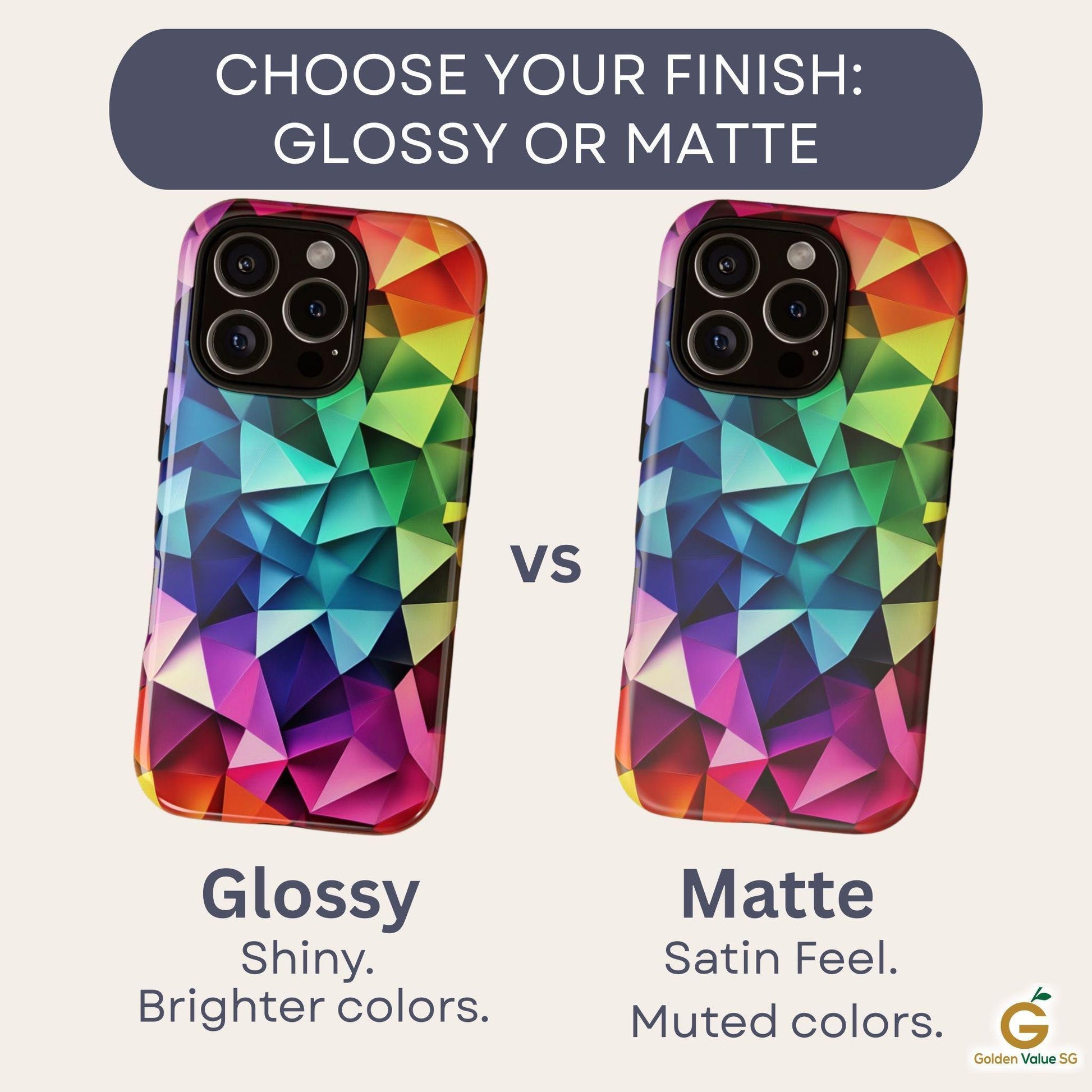 An infographic compares the glossy finish versus the matte finish option for the phone case.