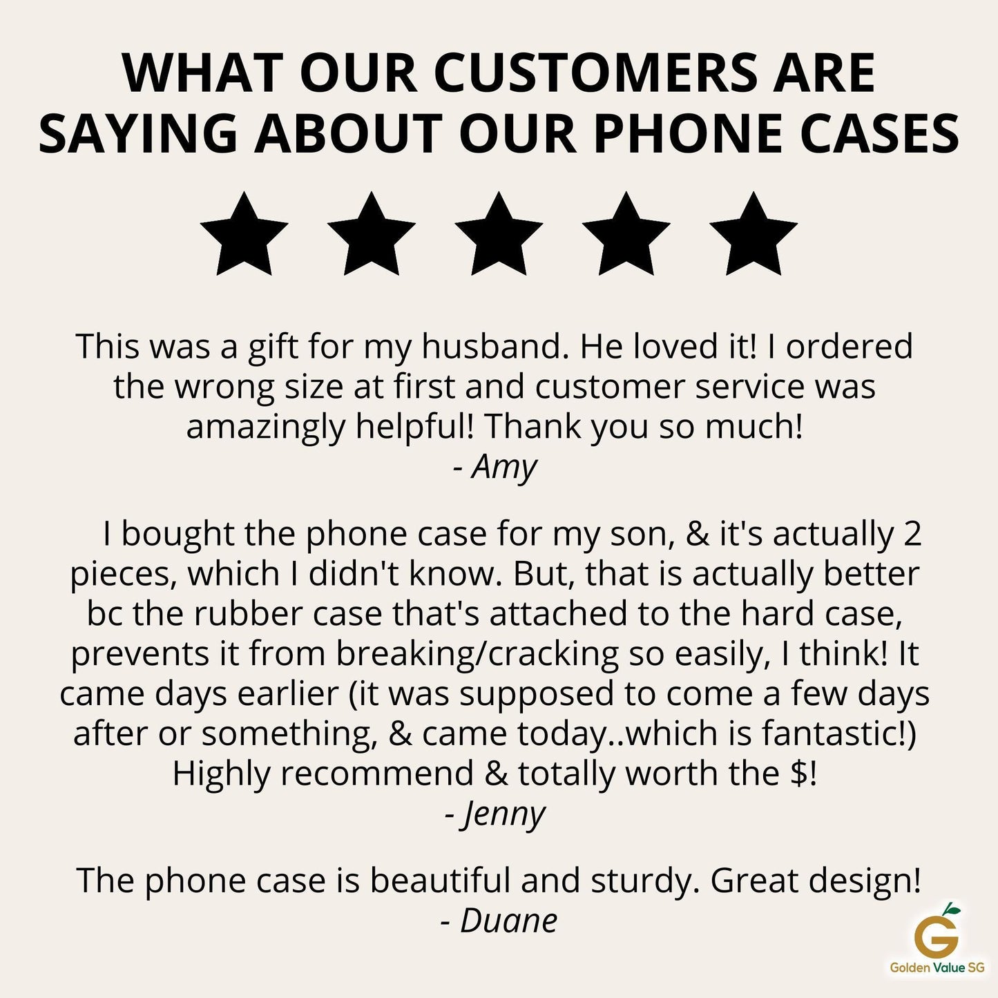 An infographic displays three positive customer reviews with five-star ratings.