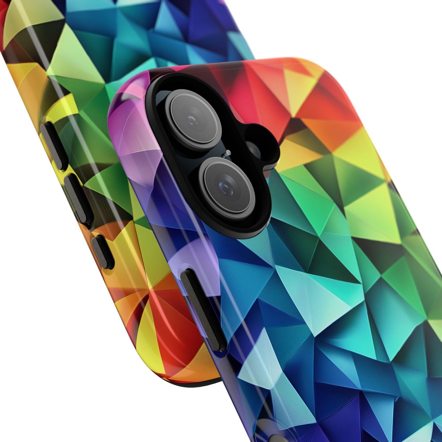 Two phone cases featuring a colorful geometric polygon design are shown angled against a white background.