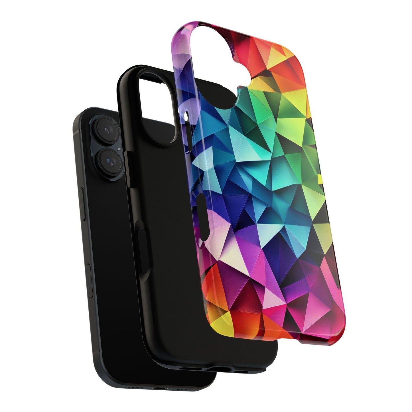 An angled view of a black phone case stacked behind another phone case featuring a vibrant multi-colored geometric mosaic pattern.