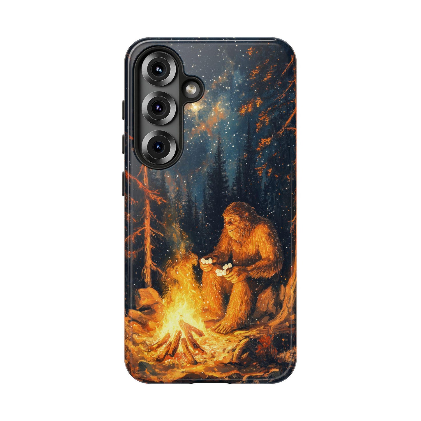 A Samsung phone case printed with a scene of Bigfoot roasting marshmallows by a glowing campfire under a starry night sky.