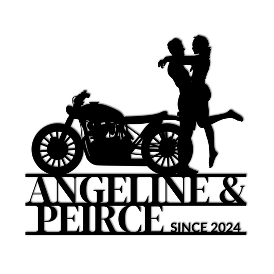 Golden Value SG's Custom Motorcycle Couple Metallic Wall Art, featuring a silhouette of a couple embracing beside a motorcycle with the text "angeline & peirce since 2024" below.
