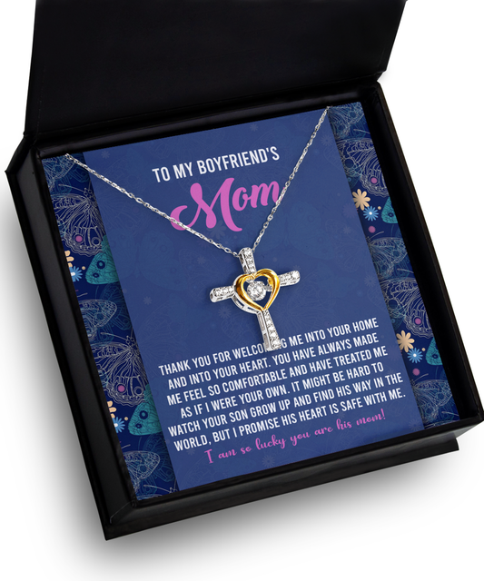 A To Boyfriend's Mom, Safe With Me - Cross Dancing Necklace gift with a heartfelt message inside a Gearbubble box.