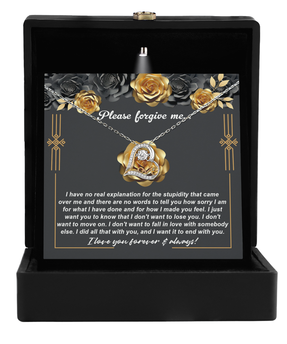 A Sorry-End With You gift box featuring a Love Dancing Necklace with a diamond heart pendant, 14k gold roses, and an apology note conveying heartfelt sincerity, seeking forgiveness and expressing deep love.