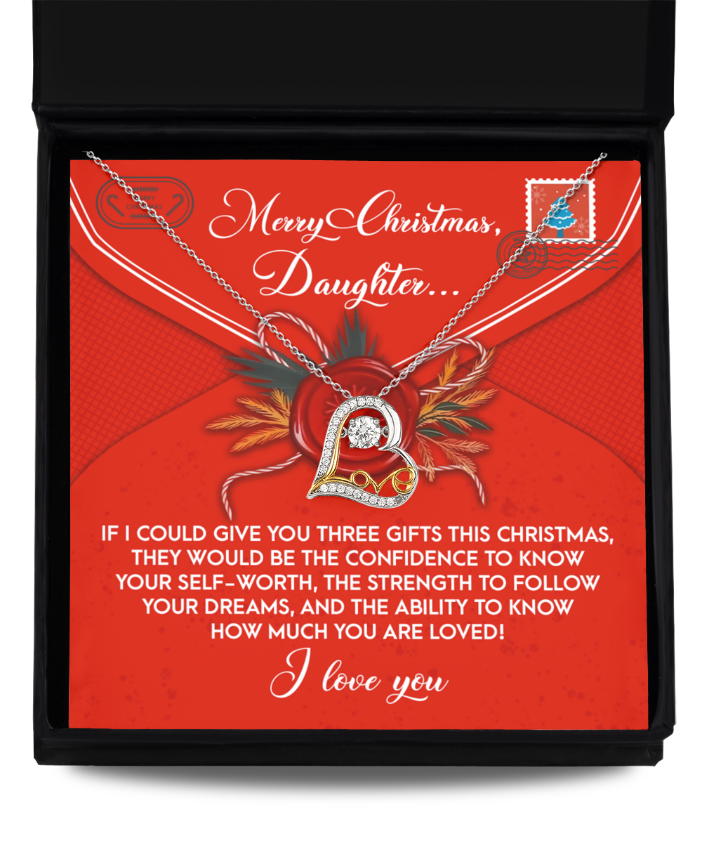 The Daughter-This Christmas - Love Dancing Necklace is a sterling silver heart-shaped pendant necklace that comes in a gift box, engraved with "Merry Christmas, Daughter... I love you" and adorned with a festive red design. This elegant piece adds a shimmering touch to holiday celebrations.