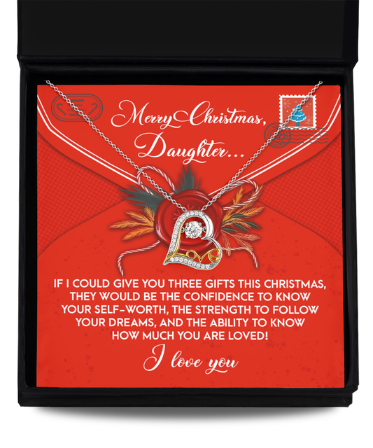 The Daughter-This Christmas - Love Dancing Necklace is a sterling silver heart-shaped pendant necklace that comes in a gift box, engraved with "Merry Christmas, Daughter... I love you" and adorned with a festive red design. This elegant piece adds a shimmering touch to holiday celebrations.