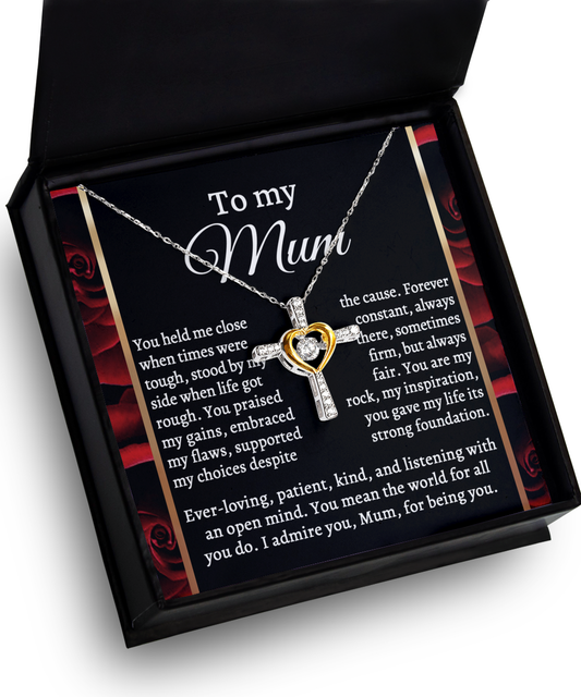 To Mom, By My Side - Cross Dancing Necklace in a black gift box with "to my mum" message, expressing unwavering faith and admiration.