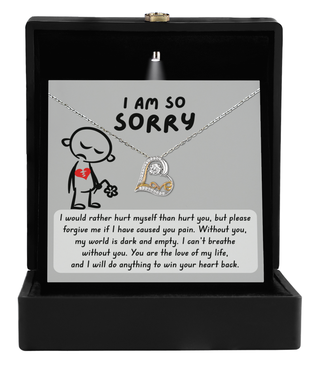 Introduce the Sorry-Dark And Empty - Love Dancing Necklace, elegantly arranged in a box with a heartfelt note that reads, "I am so sorry," accompanied by an apology message expressing profound regret and love. This stunning necklace is meticulously crafted from 14k gold, making it an ideal symbol of your most sincere emotions.