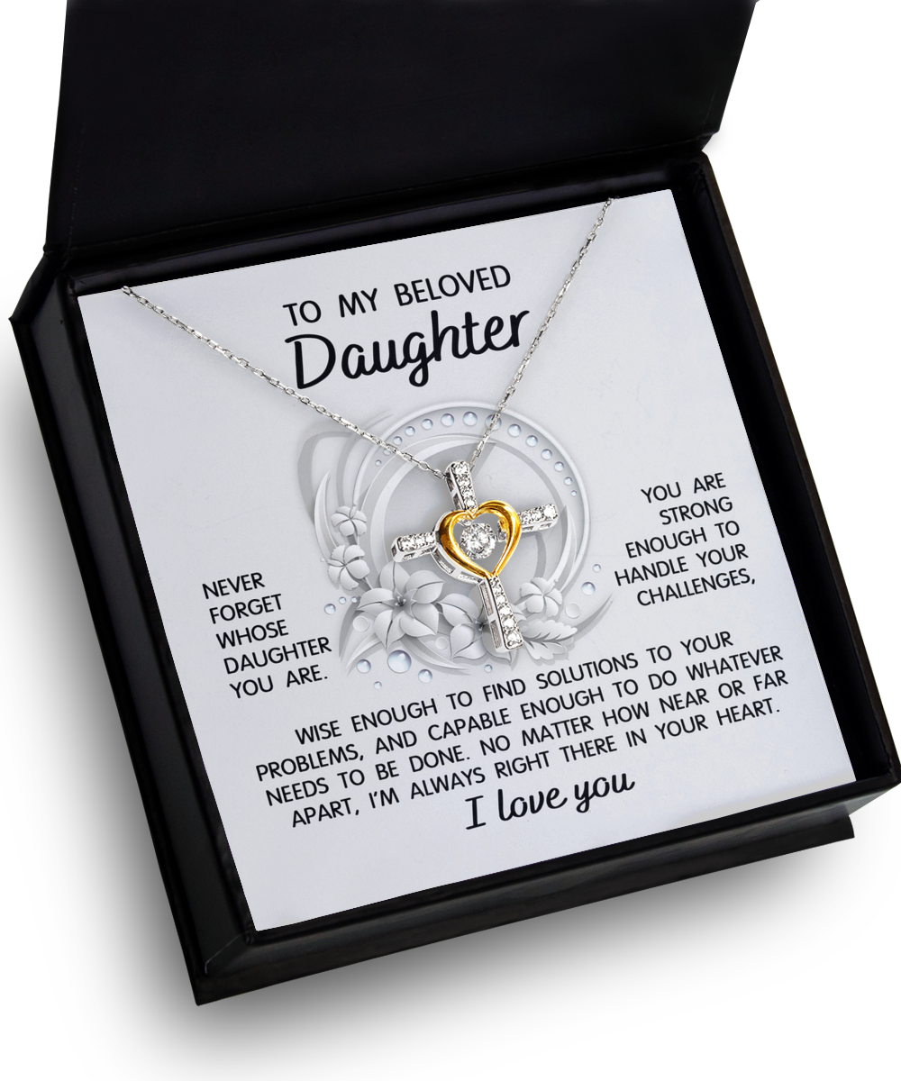 Open jewelry box displaying the "To Daughter-Always Right There - Cross Dancing Necklace" with a heart and key pendant in .925 Sterling Silver. The card inside reads motivational words to a daughter, mentioning strength, love, and support.