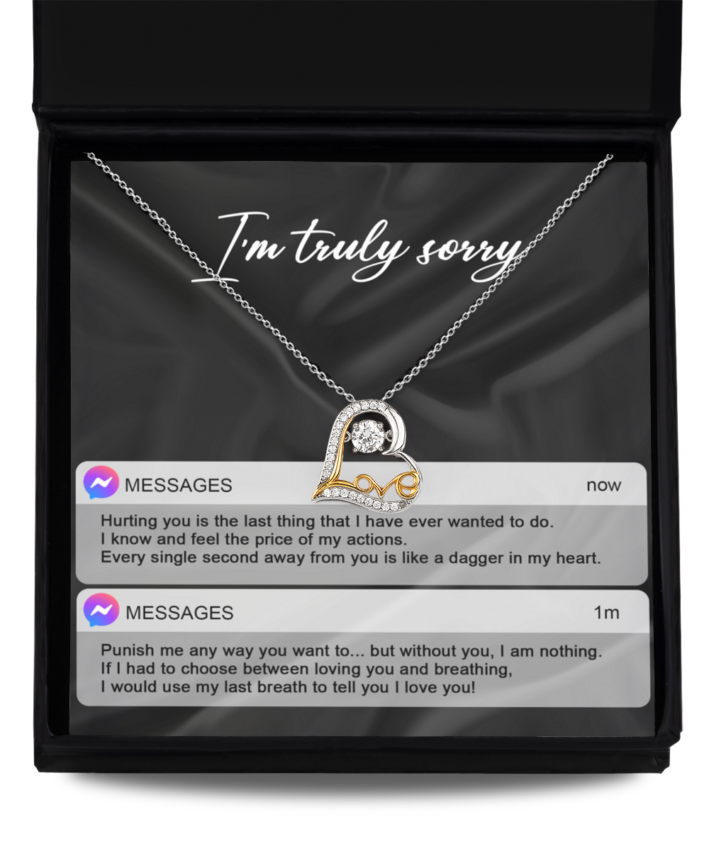 The Sorry-Away From You - Love Dancing Necklace, a 14k gold piece featuring a heart pendant, comes elegantly packaged in a box and includes an apology message along with a touching passage about regret and love.