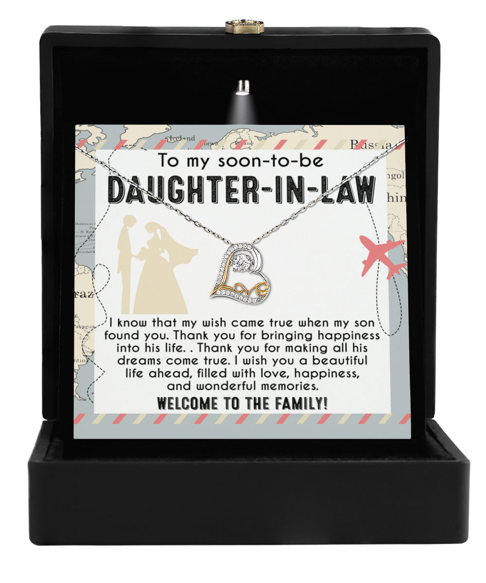 The Love Dancing Necklace, named "Daughter-in-Law-Into His Life," is an ideal gift for your daughter-in-law, expressing sincere gratitude and wishes for a joyful and love-filled life.